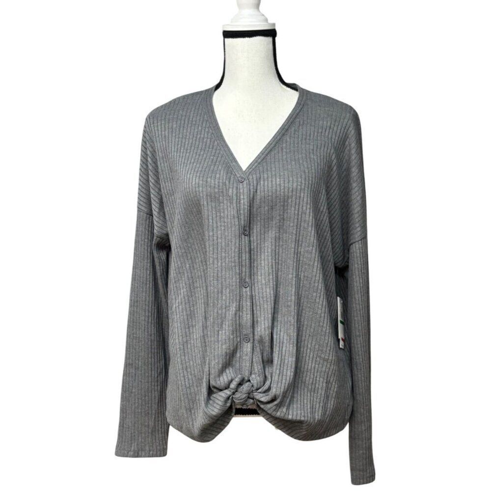 Tinsel Gray Ribbed Long Sleeve V-neck, Button Front Ribbed Cardigan Top, Gray